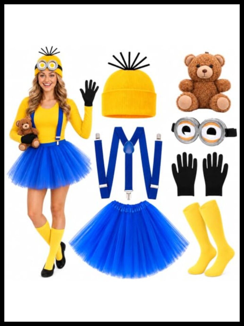 Adult Halloween Costume Set Steampunk Goggles Beanie Tutu Suspenders Plush Bear
